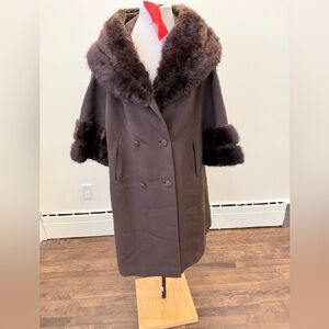 Brown real Fur-Trim Coat for Women - vintage coat for women with buttons